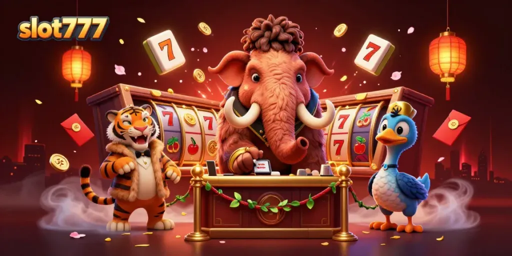 Play exciting slot777 games with a vibrant casino scene featuring 3D characters and rich details.