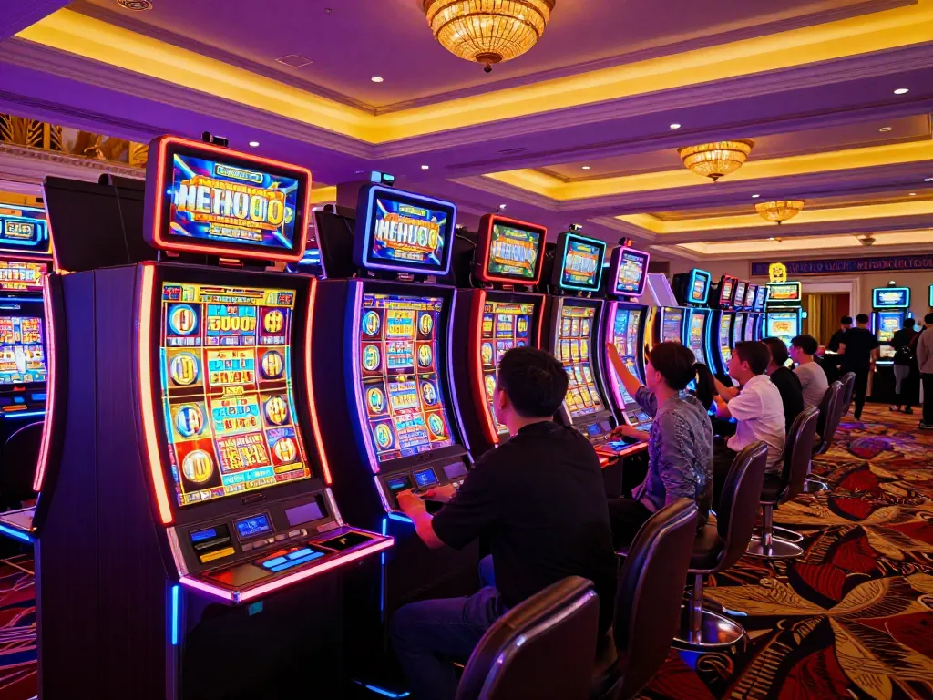 Excited players engaging with neon-lit slot machines enjoying a slot deposit 5000 experience