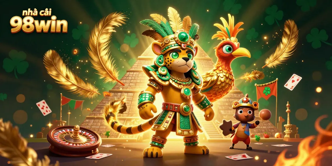 Engage with nhà cái 98win in a vibrant live casino scene featuring a Mayan priest and golden quetzal.