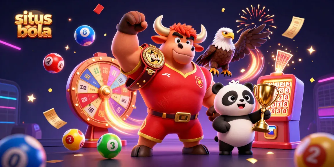 Bet on situs bola with a muscular bull, eagle, and panda celebrating gaming victories.
