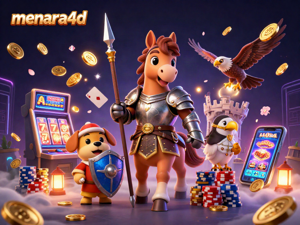 Gambarlah menara4d saat bermain mesin slot berkah dengan tumpukan chip poker berwarna dan kartu royal flush.