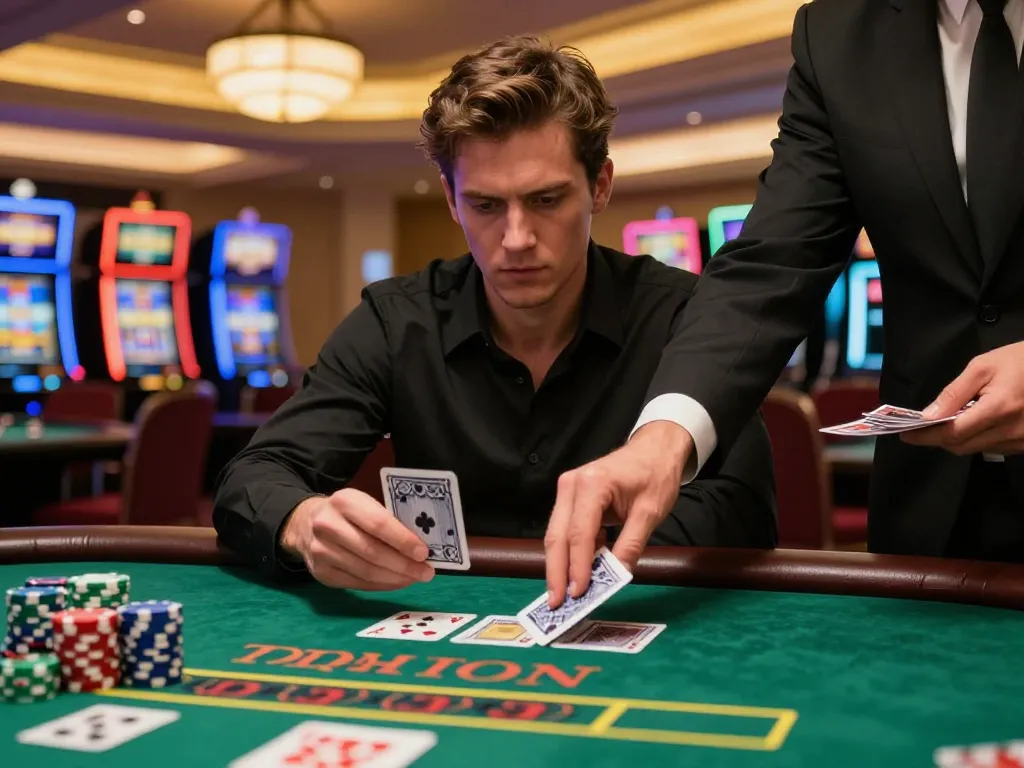 789bet player strategizing at blackjack table with focused expression and casino ambiance