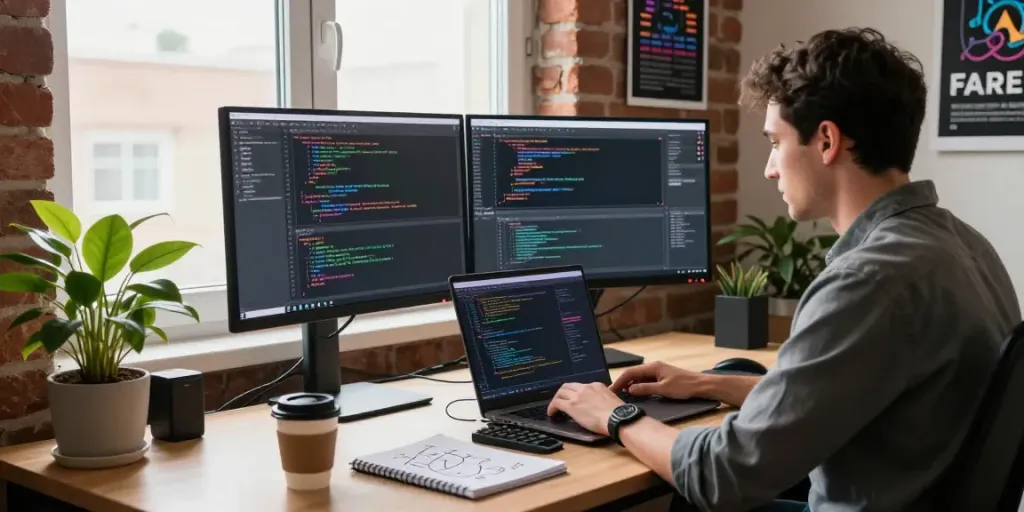 Developer coding in a modern tech workspace with jebol wd tools, dual monitors, and inspiring decor.
