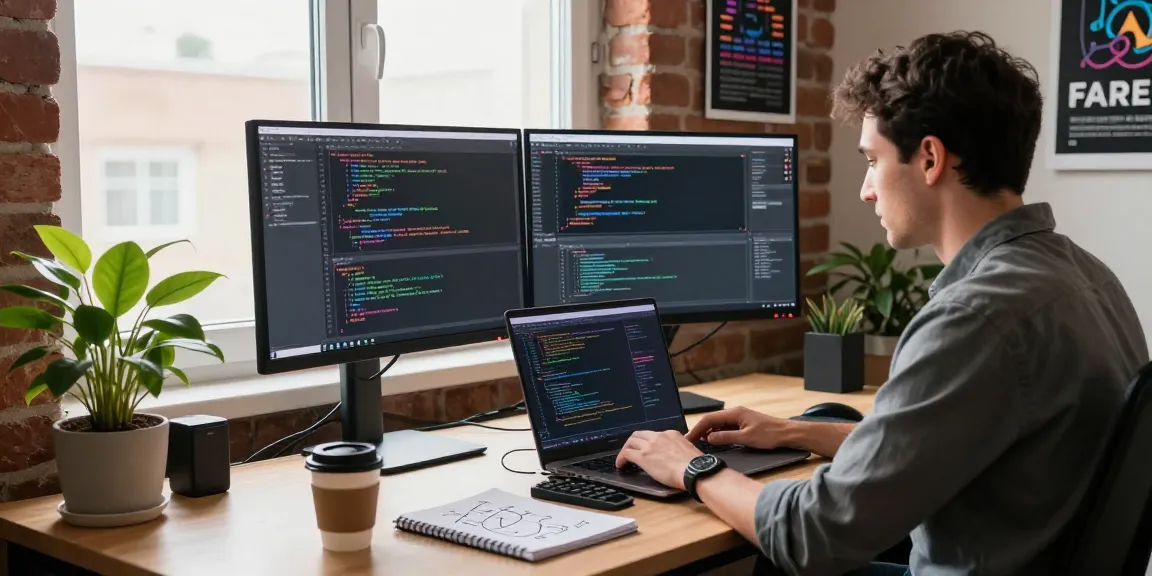 Developer coding in a modern tech workspace with jebol wd tools, dual monitors, and inspiring decor.