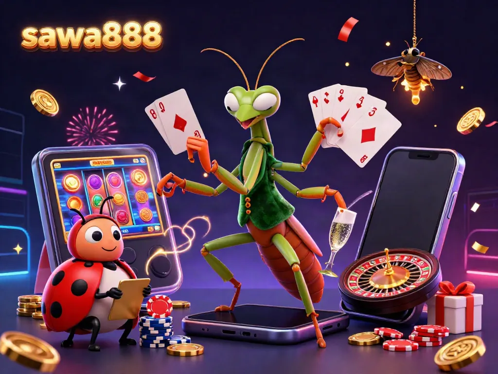 Engaging gambling scene showcasing sawa888 with cartoon characters celebrating in a vibrant casino.
