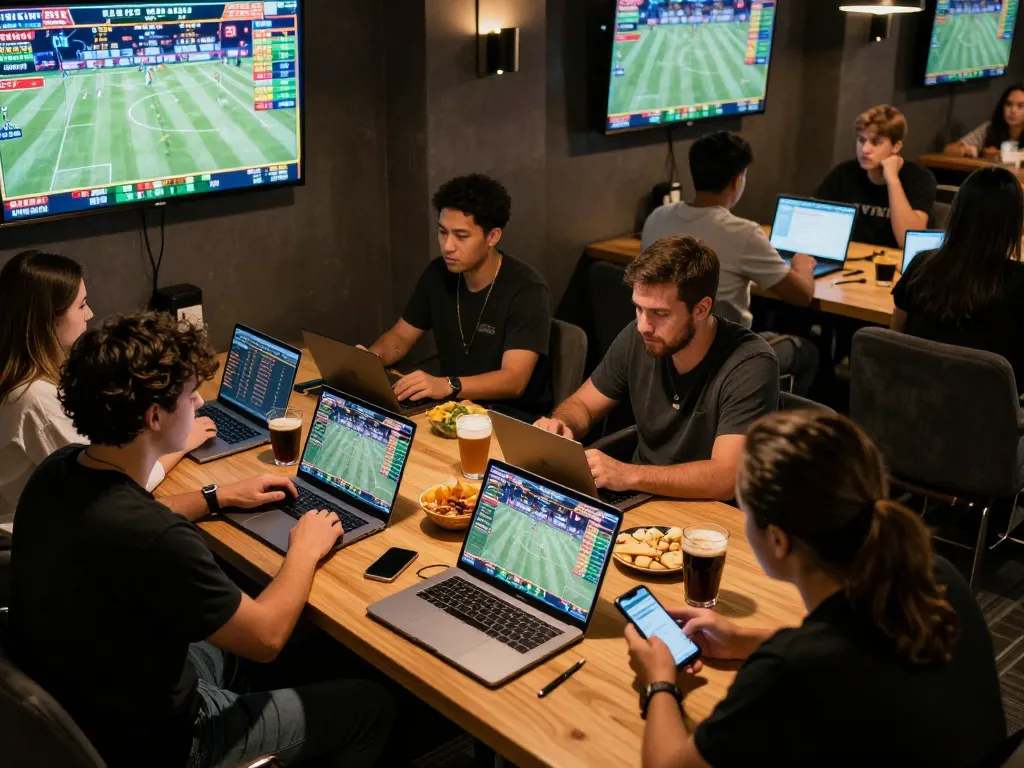 Engaged sports bettors analyzing games and placing wagers with KADAL 778 at a modern lounge