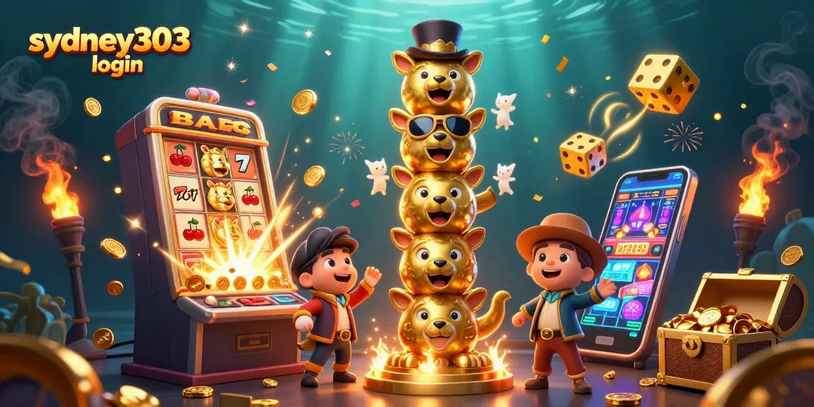 Mendapat akses sydney303 login dengan gambar totem emas dan mesin slot 3D penuh harta.
