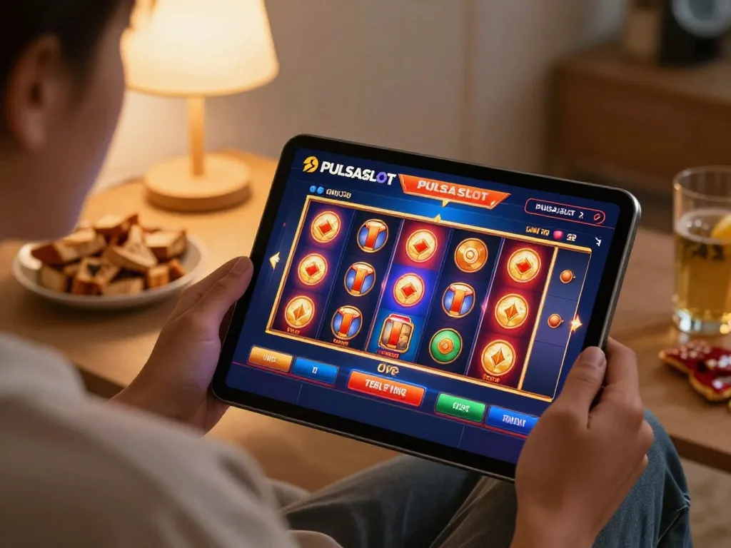 PULSASLOT user enjoying live slot games on a tablet in a welcoming home environment.