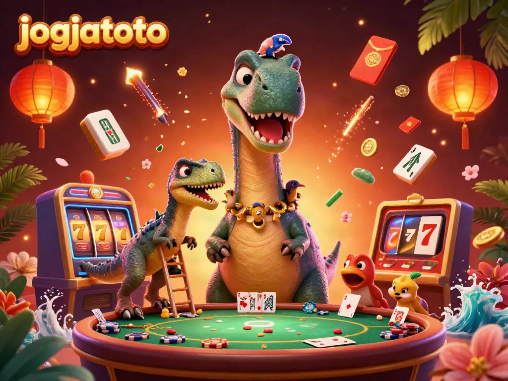 Engage with jogjatoto's thrilling casino scene featuring a giant dinosaur and vibrant gaming elements.