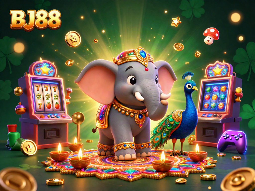 Experience the excitement of BJ88 casino with colorful slot machines, a festive elephant, and peacock in action.