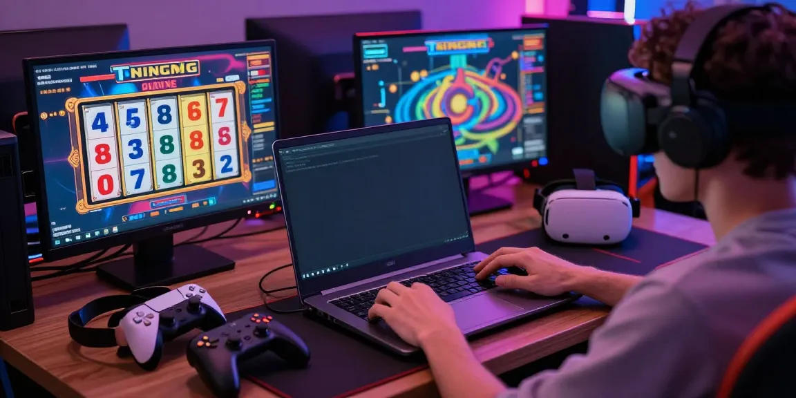 Pengguna bermain togel online dengan laptop, dikelilingi aksesori permainan, menciptakan suasana yang berenergi.