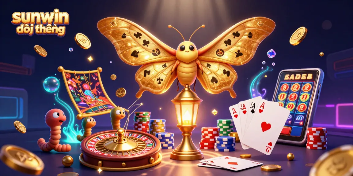 Win with sunwin đổi thưởng featuring unique casino moth amidst golden treasures in 3D.