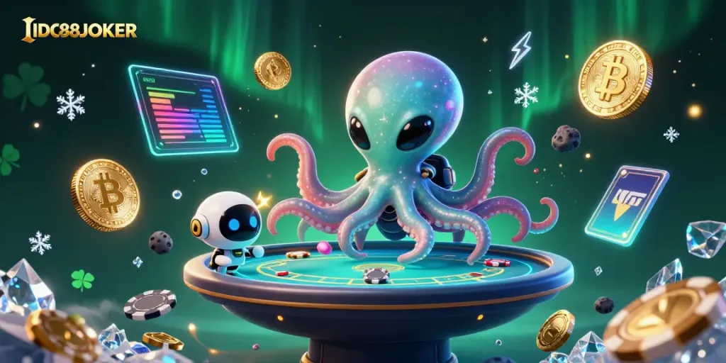 Experience the excitement at IDC88JOKER with an alien octopus operating a holographic poker table.