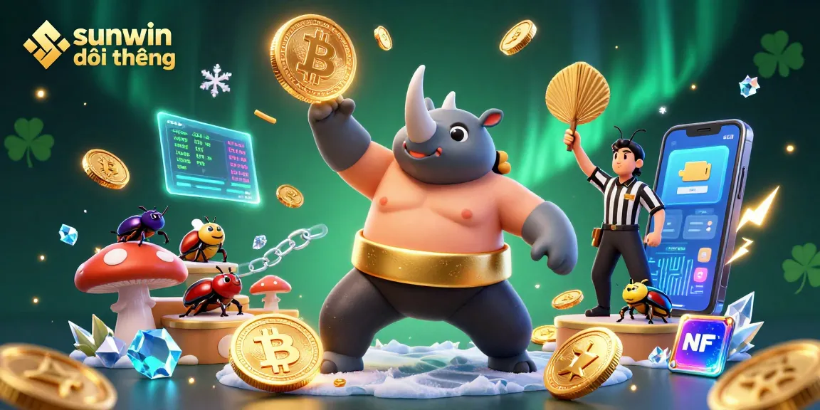 Engage with sunwin đổi thưởng as the sumo beetle champion celebrates on a vibrant gaming scene.