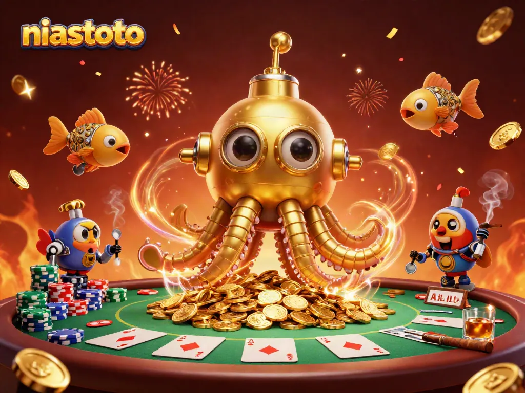 Engage in thrilling action at niastoto with a golden kraken submarine and poker elements sparkling above