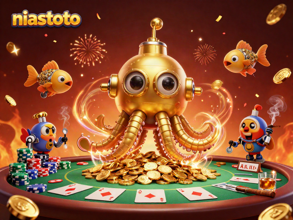 Engage in thrilling action at niastoto with a golden kraken submarine and poker elements sparkling above