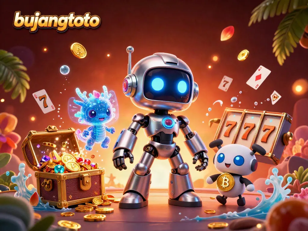 Bujangtoto platform showcases a thrilling casino scene with vibrant characters, slot reels, and treasures.