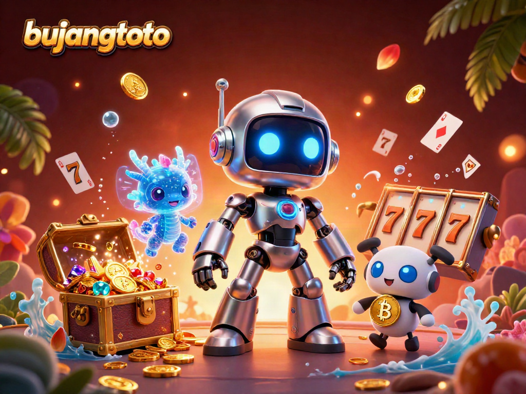 Bujangtoto platform showcases a thrilling casino scene with vibrant characters, slot reels, and treasures.