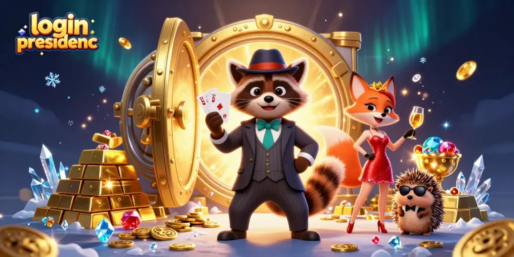 Join the excitement at presidencc with a suave raccoon character showcasing a royal flush.