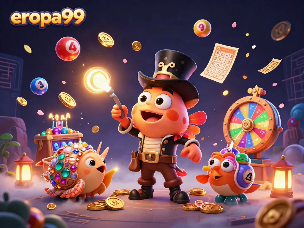 Bermain slot gacor di platform Eropa99, sambil dikelilingi simbol-simbol imersif dan efek hadiah.