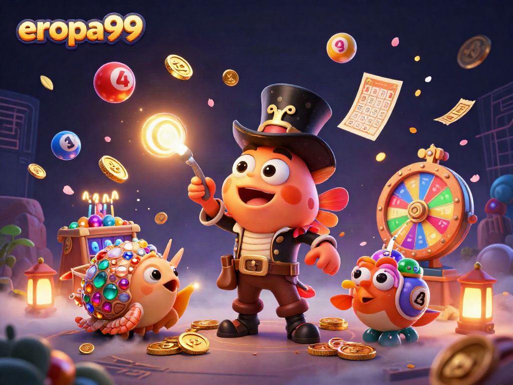 Bermain slot gacor di platform Eropa99, sambil dikelilingi simbol-simbol imersif dan efek hadiah.