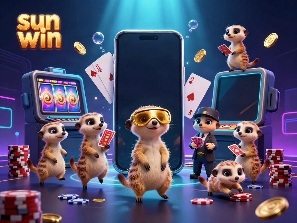 Engage in thrilling gameplay at sun win with animated meerkats operating a vibrant casino scene.