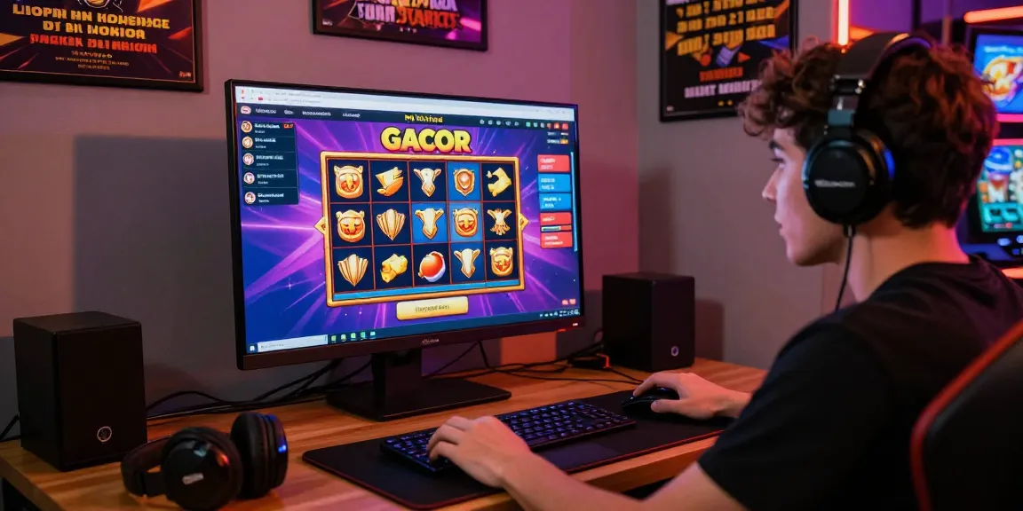 Player enjoying a thrilling slot gacor game online, surrounded by vibrant digital elements.