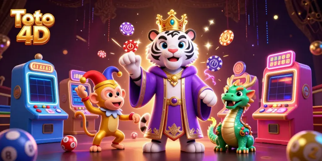 Toto 4D menampilkan harimau putih kartun elegan dan monyet emas, mengacak bola lotere