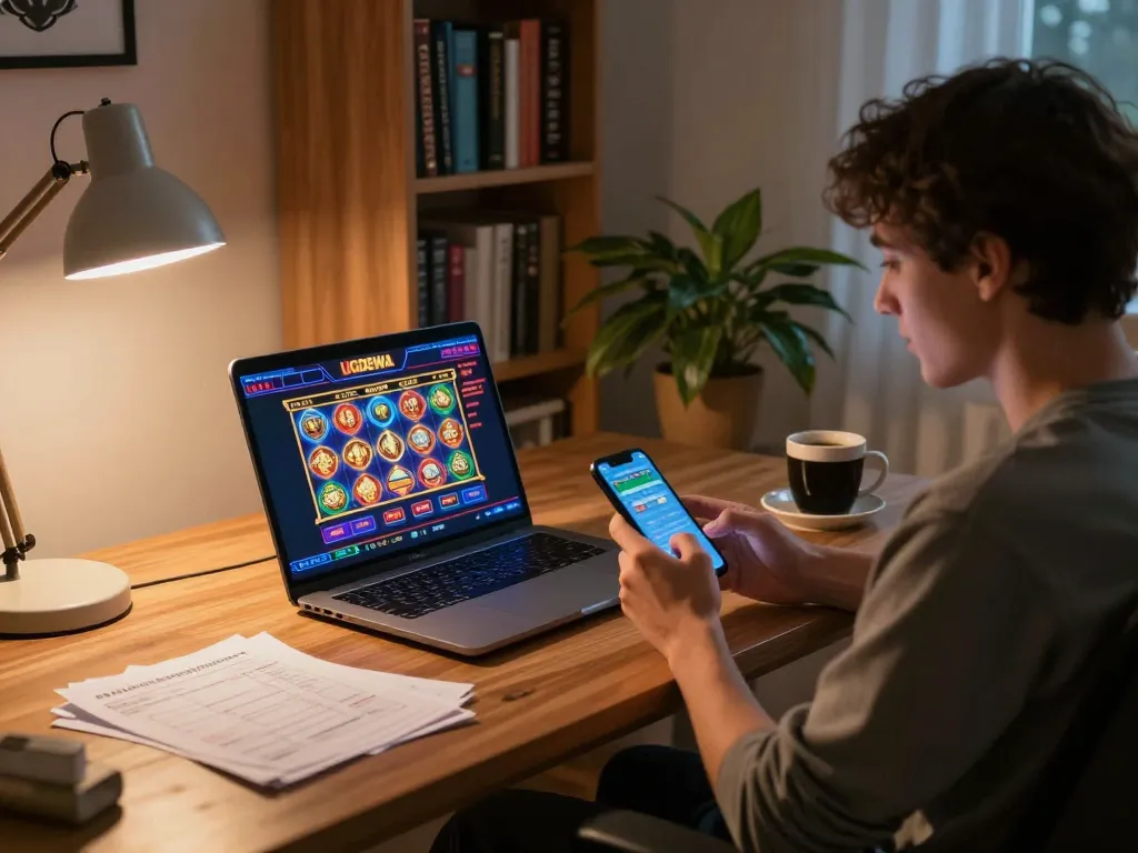 Player engaging with UGDEWA online casino slots on a laptop in a cozy home office.