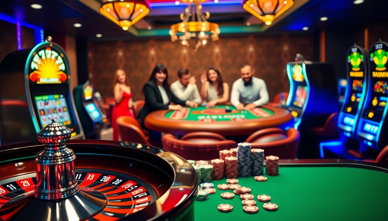 Excited players at a casino table enjoying the thrill of gambling at https://98winmb.com/ with poker chips and roulette wheels.