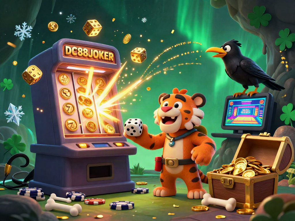 Experience thrilling casino action with DC88JOKER alongside colorful slot machines and jubilant characters.