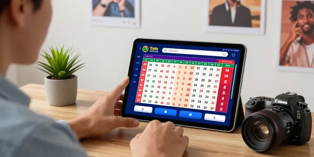Toto Macau 4D, pengguna memilih angka di tablet dengan hasil terkini.