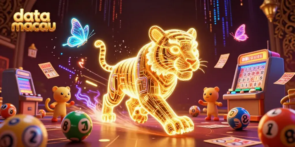 Mengamati hasil data macau terkini sambil menikmati suasana lotere yang menarik dengan karakter harimau neon.