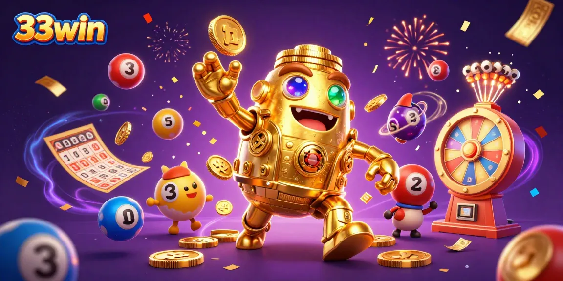 Play and win with 33win at an exciting 3D illustrated scene of lottery and casino fun.