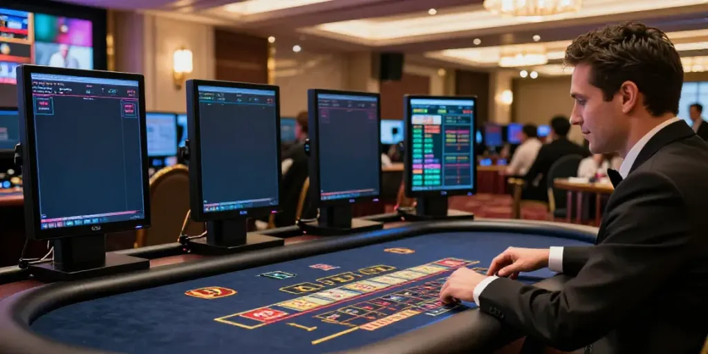 Alexistoto dalam lingkungan perjudian modern, dealer interaktif dengan layar digital.