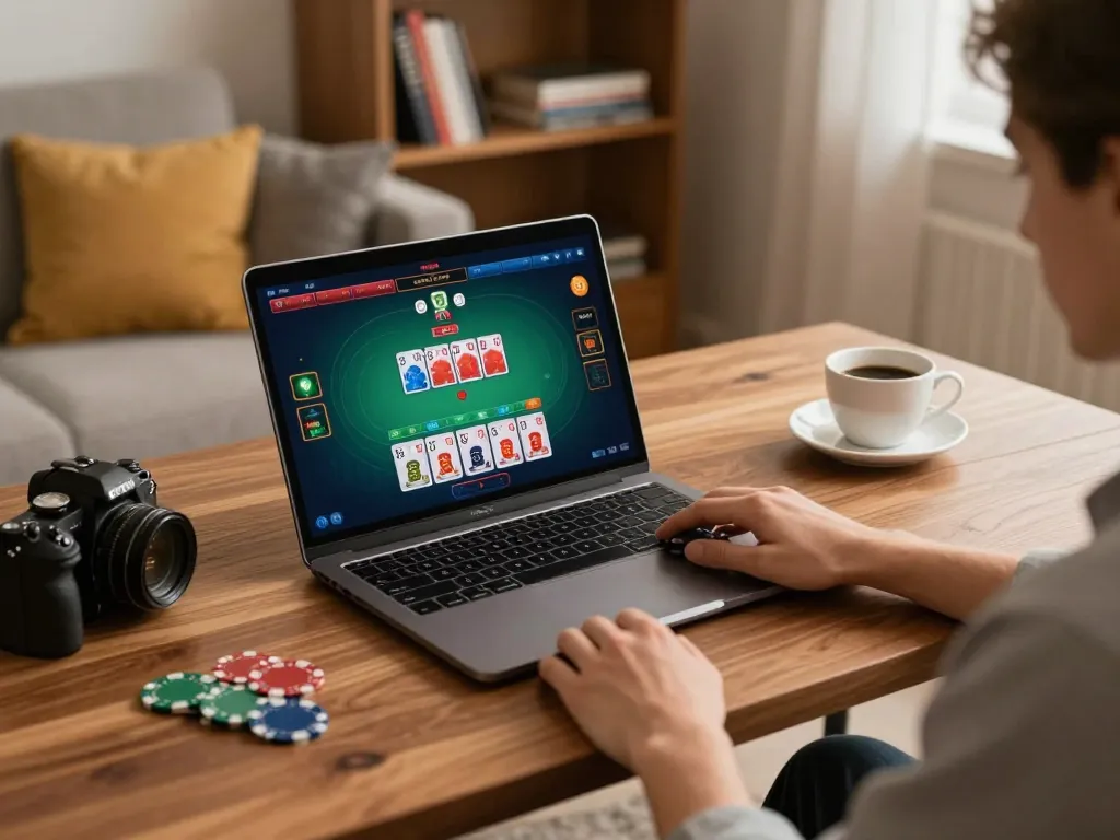 LGO GOAL gaming session on a laptop showcasing poker strategies in a cozy home environment.