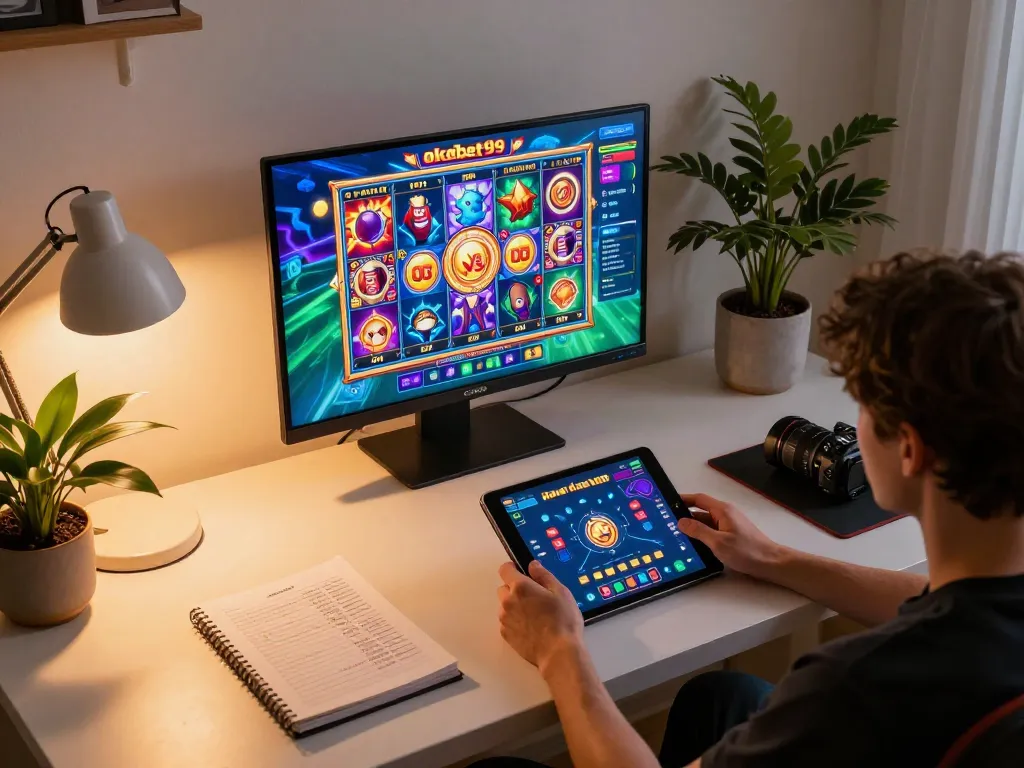Scene permainan online yang menarik di okebet99 dengan pemain berinteraksi dengan slot