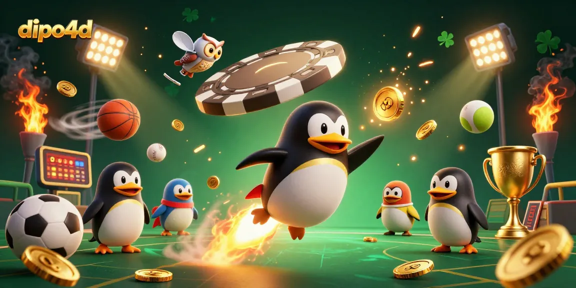 Dipo4d delivers predictions and insights with a golden penguin rocket zooming past a poker chip space station.