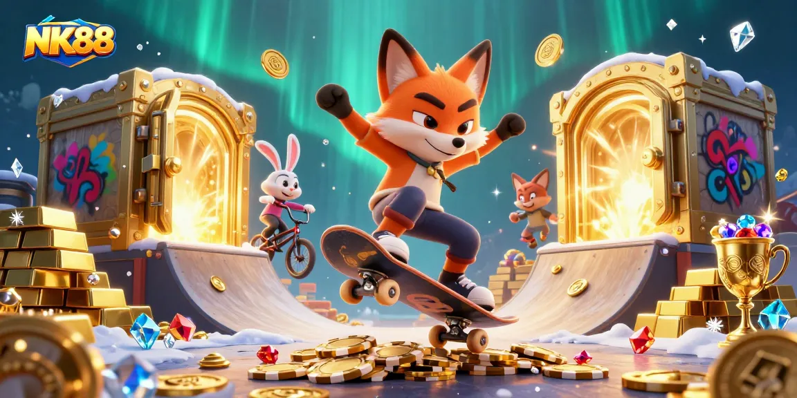 Experience the thrill of NK88 with a dynamic 3D illustration showcasing vibrant casino action.