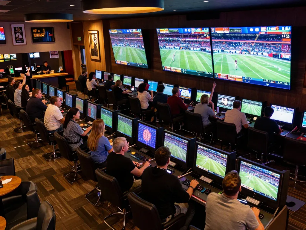 Tỷ lệ kèo nhà cái displayed on high-tech screens in a modern sportsbook with excited patrons.