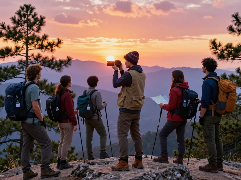 Adventurers capturing memories at sunset with Fly88 outdoor gear.