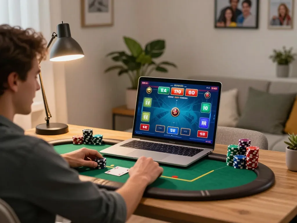 Player engaging with NK88 poker game on a laptop, showcasing interactive online gambling experience.