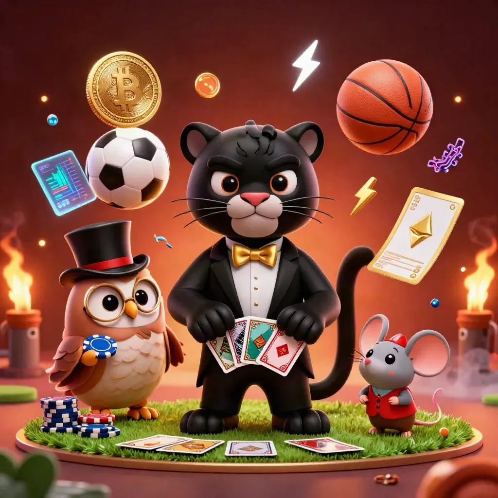 Harimau hitam, burung hantu, dan tikus kasino dengan bola dan koin crypto berkilau.