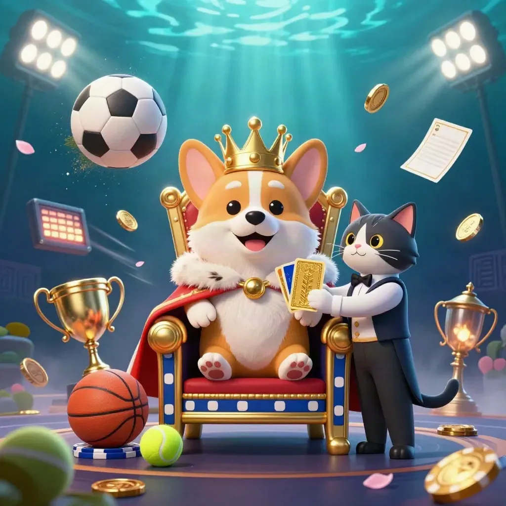 Korgi mahkota dan pelayan kucing di atas chip, bola olahraga melesat di cahaya kasino.