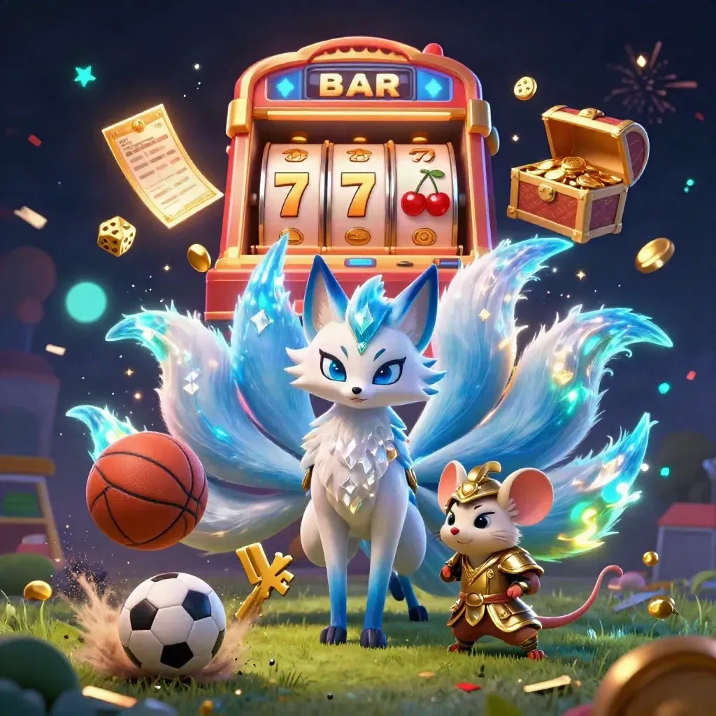 Rubah roh sembilan ekor dan tikus samurai emas di tengah ledakan slot, bola, dan kilau kasino.