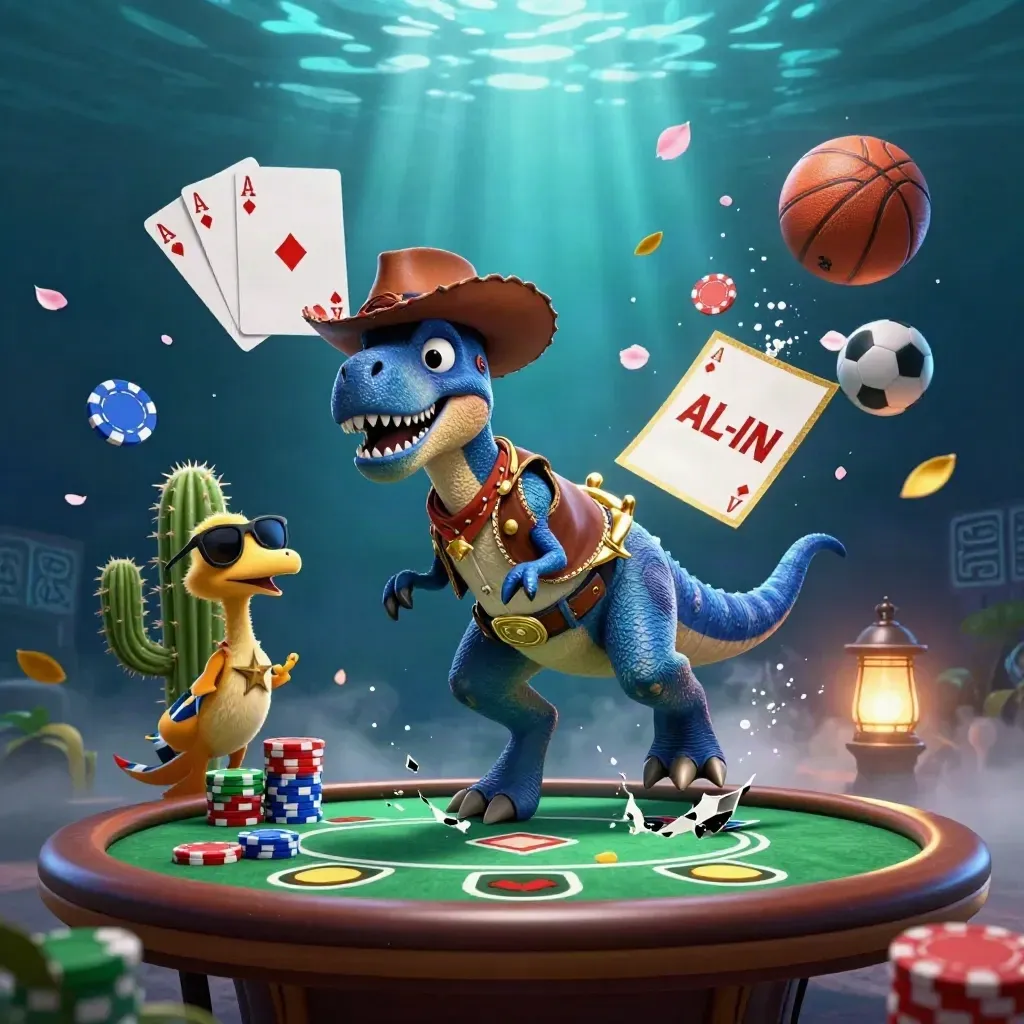 T-Rex koboi, kaktus, dan roadrunner di tengah ledakan kartu dan chip kasino.