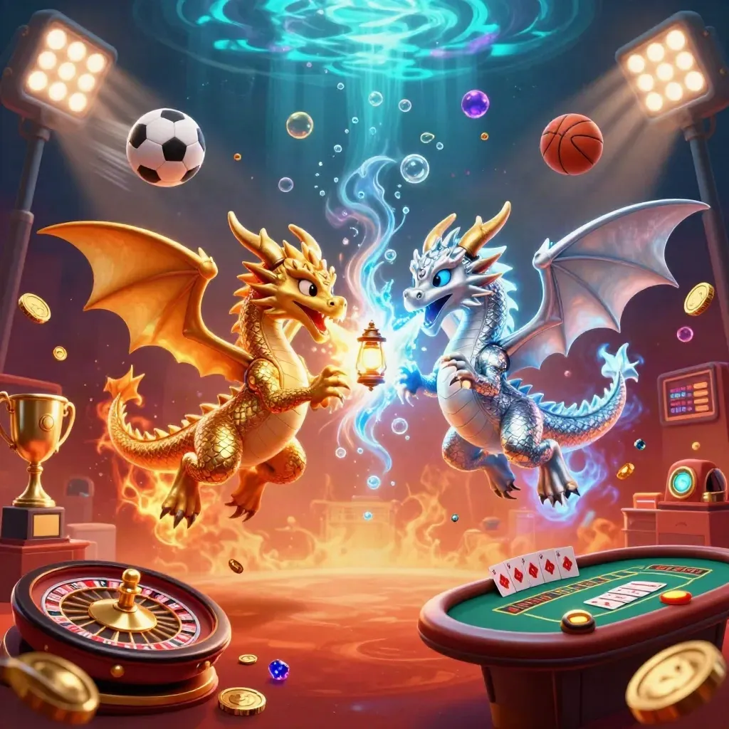Dua naga emas dan perak berpilin di ruang kasino mewah penuh bola olahraga, trofi, dan cahaya neon.