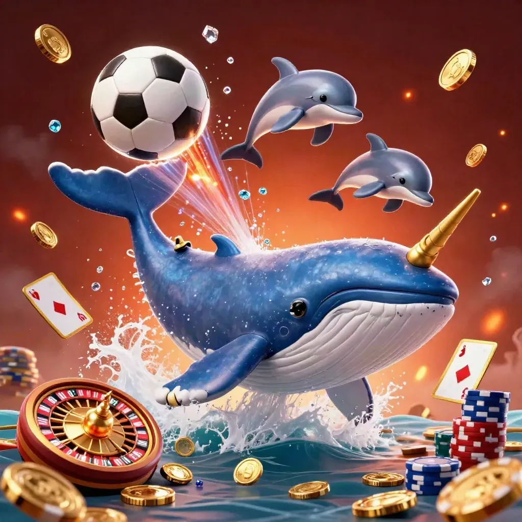 Paus kapten, narwhal, dan lumba-lumba di laut koin, dikelilingi chip, kartu, dan bola.