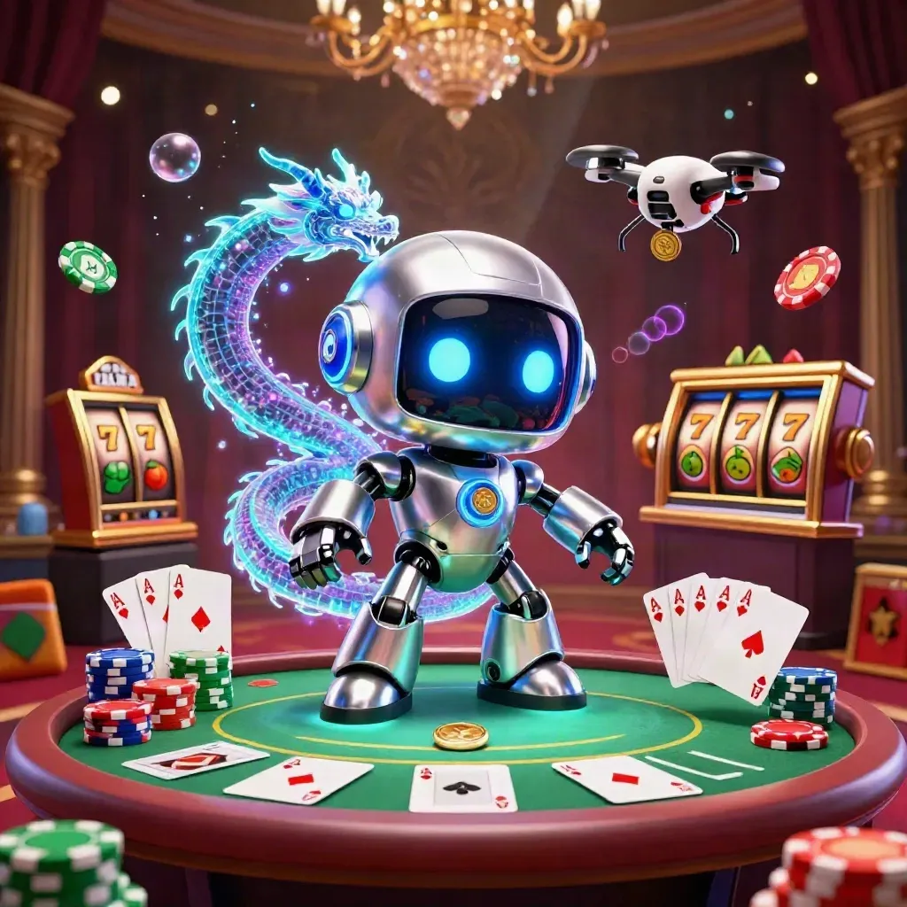 Robot cyberpunk, naga holografik, dan drone koin di meja poker dengan efek neon mewah.
