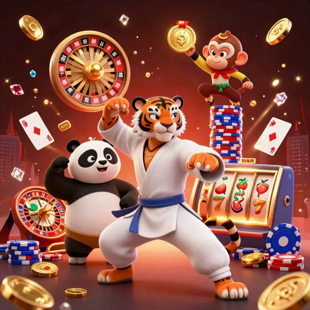 Harimau kung-fu, panda, dan monyet dikelilingi koin emas, permata, kartu, chip, dan roda roulette.